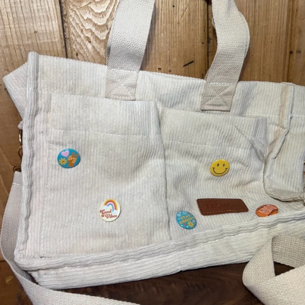 Cream/ Light Tan Corduroy Tote Bag with buttons (Bonus bag free) - Picture 6 of 12